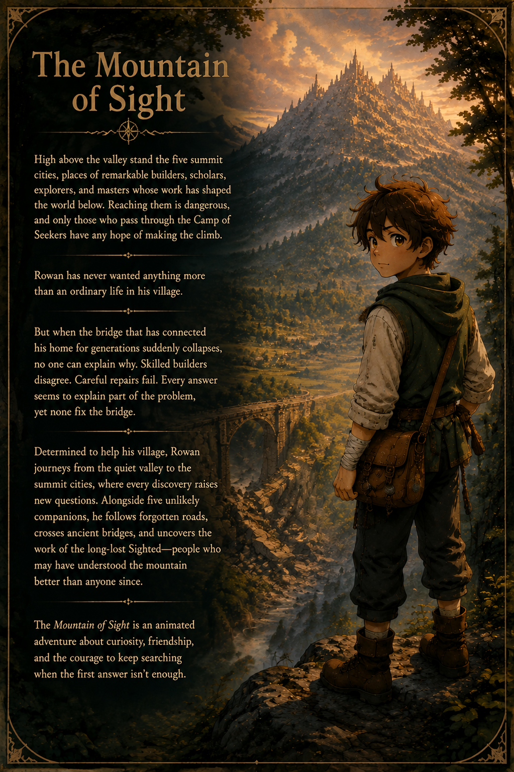 Mountain of Sight story back-cover artwork featuring Rowan, the mountain and summit-city setting, the bridge, and the approved story summary.