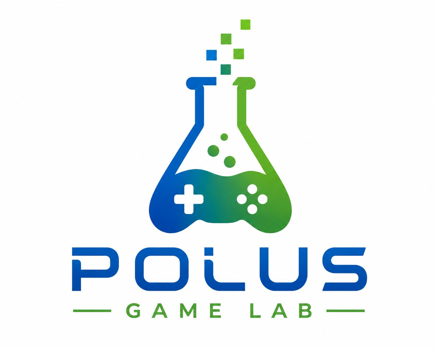 Polus GameLab logo with a game controller inside a laboratory flask.